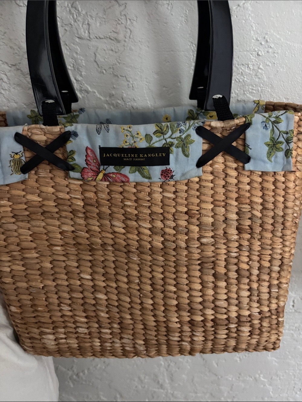 Jacqueline Langley Natural Straw Tote with Light Blue Floral Trim
